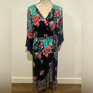 Umgee Faux Wrap Midi Multicolor Boho Floral Dress Size Large